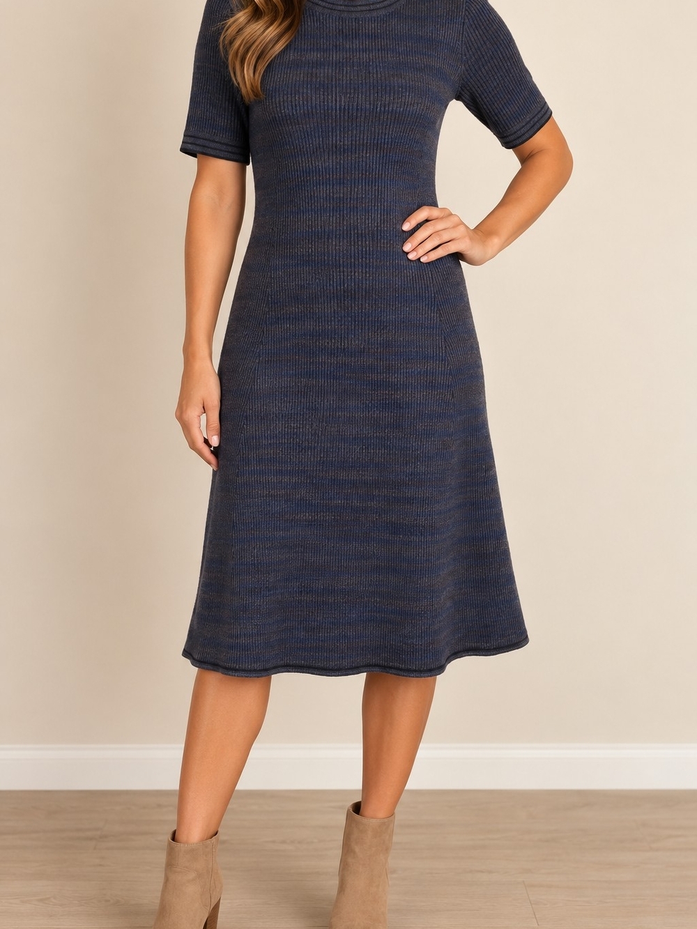 Athleta Ribbed Knit Wool Blend Midi Dress Navy Blue Short Sleeve Sz L Cozy Fall
